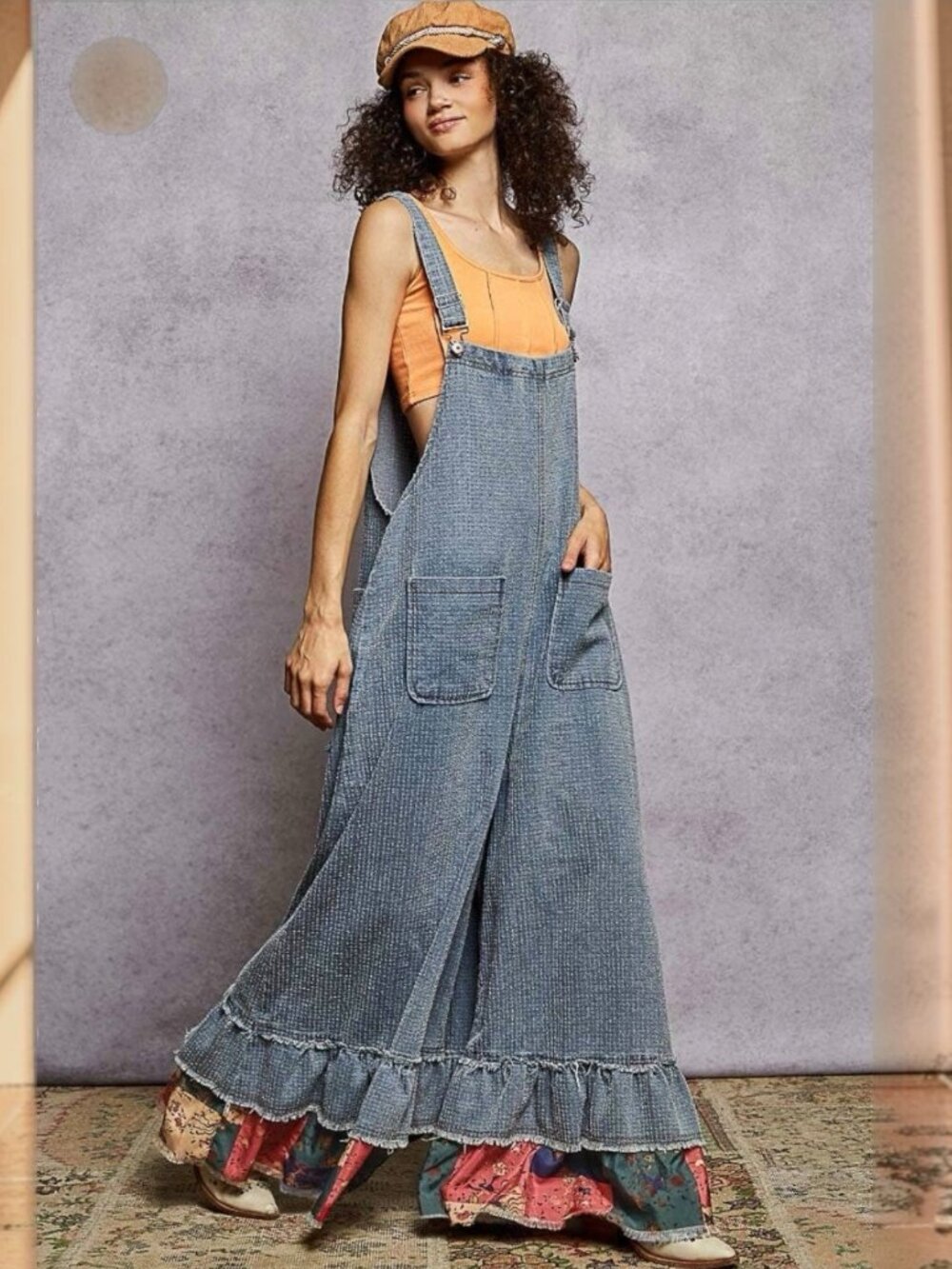 Pol Textured Denim Overalls 100%Cotton Wide-Leg Blue Size L Loose Fit Ruffle Hem - Picture 6 of 9
